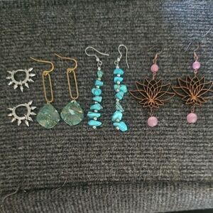 Boho Earrings Lot * 4 Pairs * Spike, Clay, Turquoise, Wood Lotus